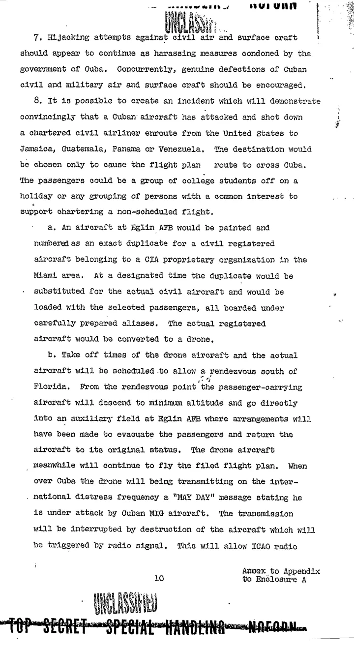 Declassified Operation Northwoods memo page 4: drone aircraft plan - a CIA plane would be painted to duplicate a civil registered aircraft, passengers (CIA agents with prepared aliases) would board, then the real plane would be swapped for a drone at an auxiliary airfield