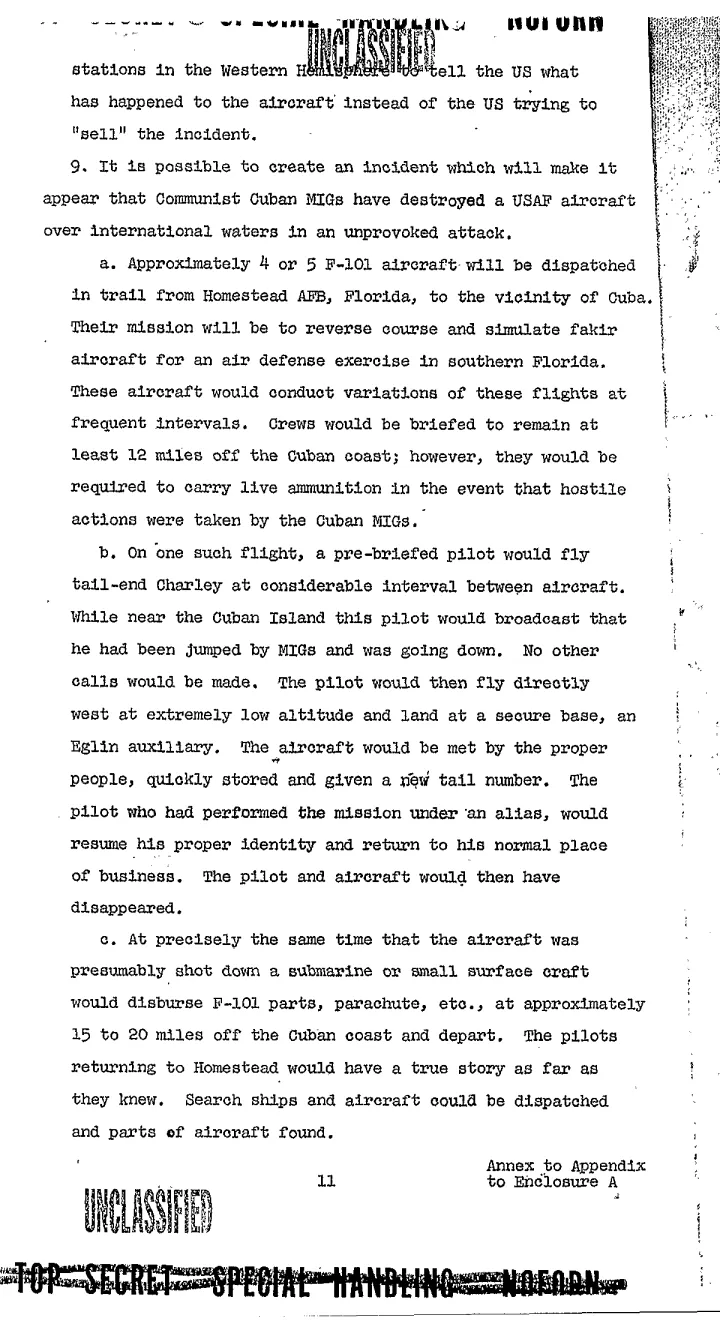 Declassified Operation Northwoods memo page 5: continuation of the drone aircraft plan - F-101 fighters would scramble, the real aircraft with passengers would descend and land at a CIA field, the drone would continue transmitting a May Day distress signal before being destroyed