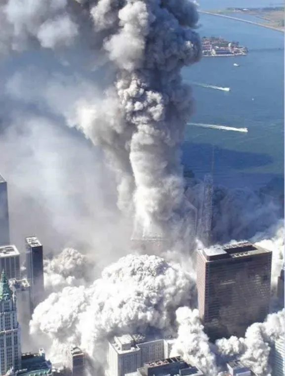 Aerial view of a WTC tower collapse in progress with a massive vertical column of dust and debris rising, surrounding buildings visible below, New York Harbor in background