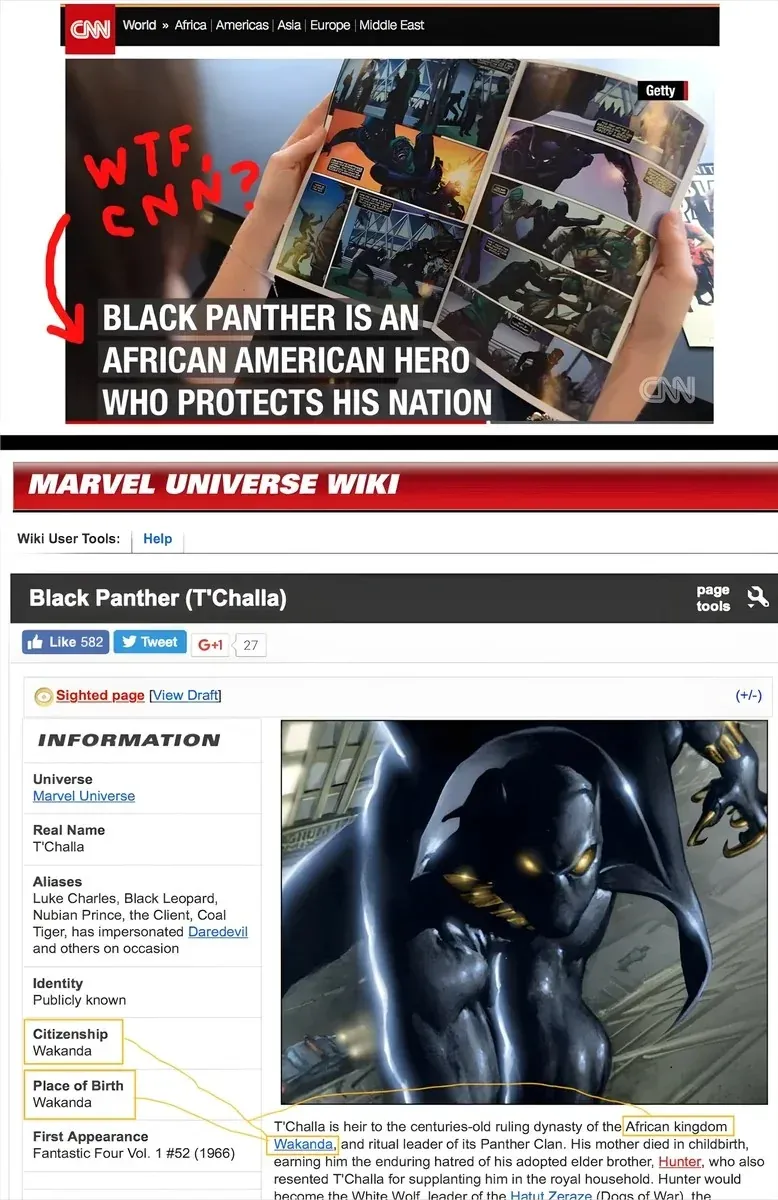 Two-part screenshot. Top: CNN article with headline "BLACK PANTHER IS AN AFRICAN AMERICAN HERO WHO PROTECTS HIS NATION" with "WTF CNN?" written in red over it. Bottom: Marvel Universe Wiki page for Black Panther (T'Challa) with Citizenship: Wakanda and Place of Birth: Wakanda highlighted in yellow, and text about "the African kingdom Wakanda" also highlighted