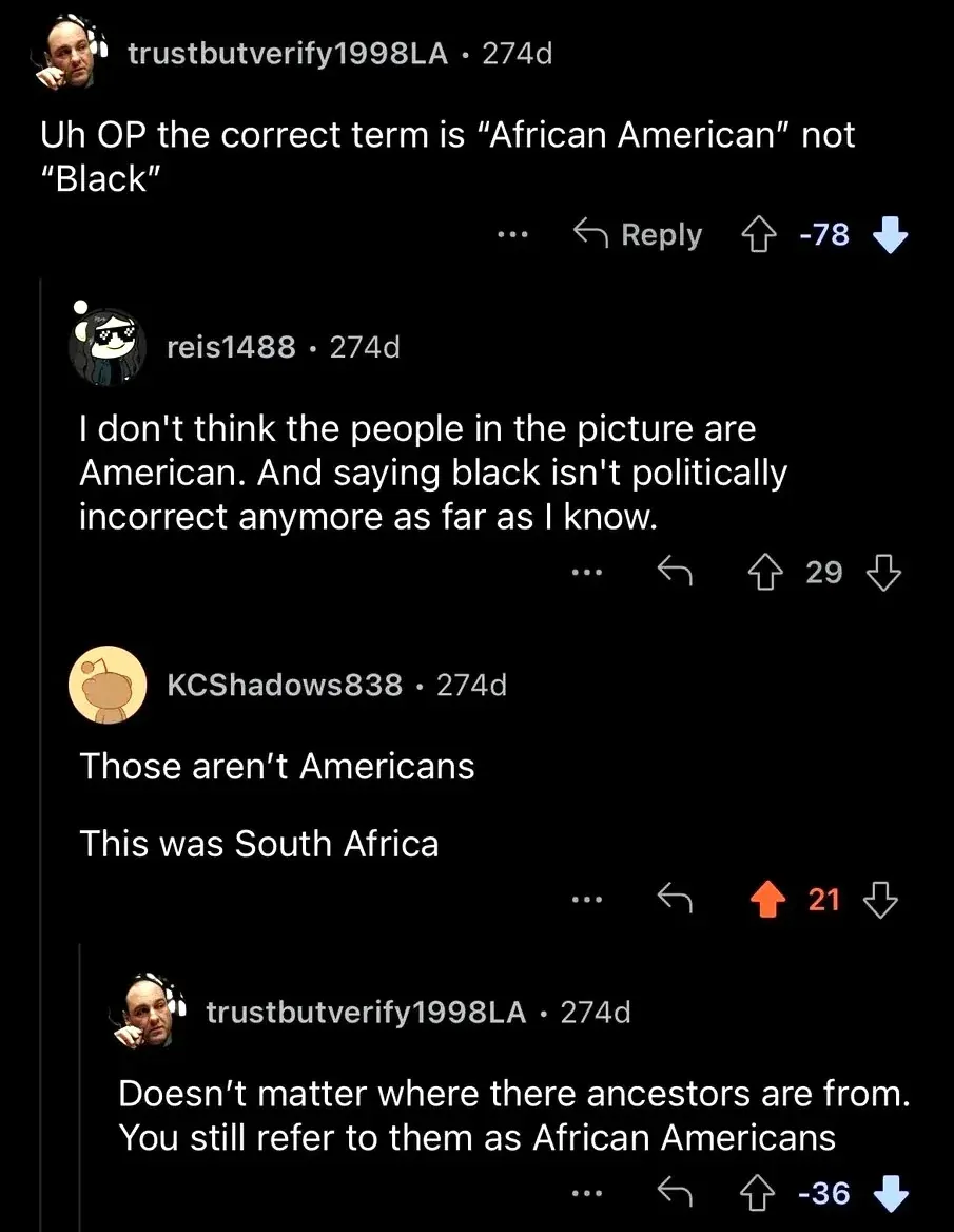 Reddit comment thread. trustbutverify1998LA (274d, -78 votes): "Uh OP the correct term is 'African American' not 'Black'". reis1488 (274d): "I don't think the people in the picture are American. And saying black isn't politically incorrect anymore as far as I know." KCShadows838 (274d): "Those aren't Americans This was South Africa". trustbutverify1998LA (274d, -36 votes): "Doesn't matter where there ancestors are from. You still refer to them as African Americans"