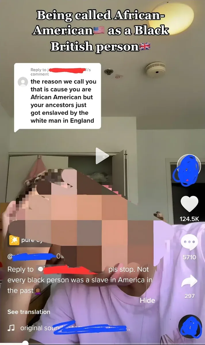 TikTok screenshot. Title: "Being called African-American as a Black British person". Comment overlay: "the reason we call you that is cause you are African American but your ancestors just got enslaved by the white man in England" (username redacted). Video shows person (face pixelated) in pink/lilac t-shirt gesturing. Bottom comment: "pls stop. Not every black person was a slave in America in the past"
