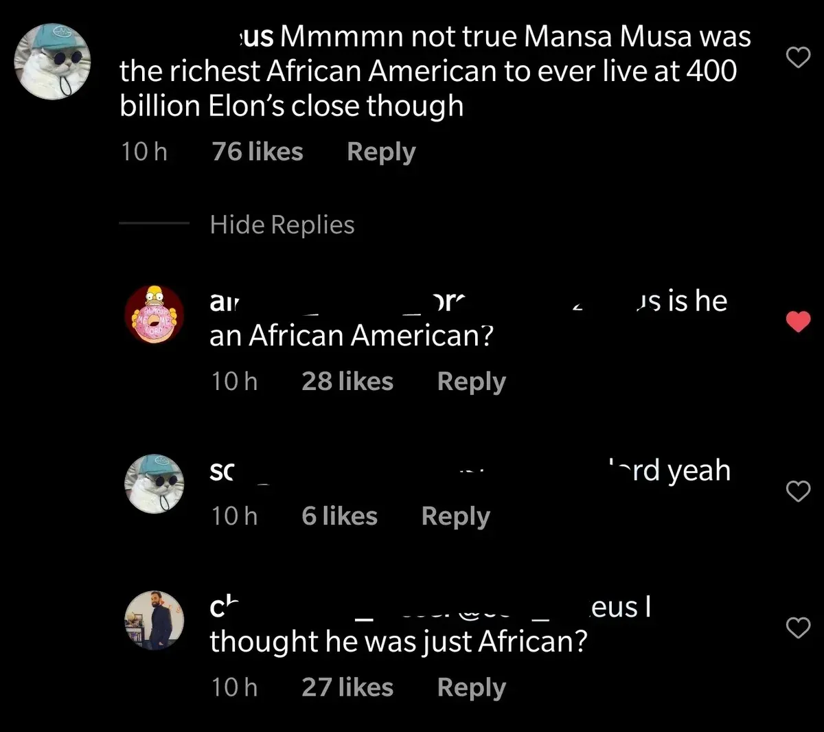 Instagram/TikTok comment thread. First comment (10h): "Mmmmn not true Mansa Musa was the richest African American to ever live at 400 billion Elon's close though". Reply (10h): "...is he an African American?" Another reply (10h): "...I thought he was just African?"