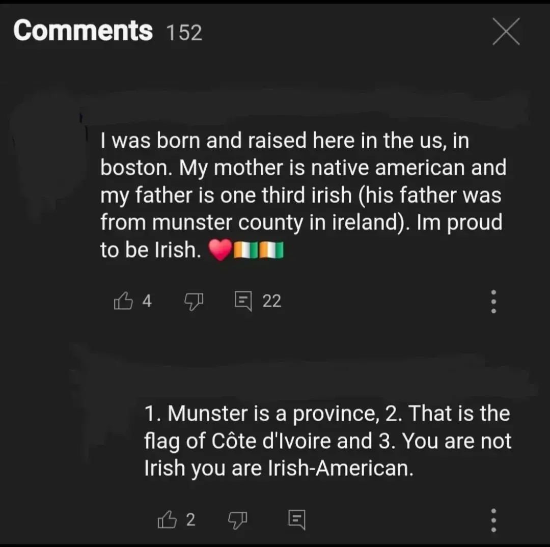YouTube comments section. First comment: "I was born and raised here in the us, in boston. My mother is native american and my father is one third irish (his father was from munster county in ireland). Im proud to be Irish." with heart and Irish flag emojis (actually Cote d'Ivoire flags). Reply: "1. Munster is a province, 2. That is the flag of Cote d'Ivoire and 3. You are not Irish you are Irish-American."