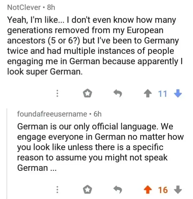 Reddit comment thread. NotClever (8h): "Yeah, I'm like... I don't even know how many generations removed from my European ancestors (5 or 6?) but I've been to Germany twice and had multiple instances of people engaging me in German because apparently I look super German." foundafreeusername (6h): "German is our only official language. We engage everyone in German no matter how you look like unless there is a specific reason to assume you might not speak German ..."
