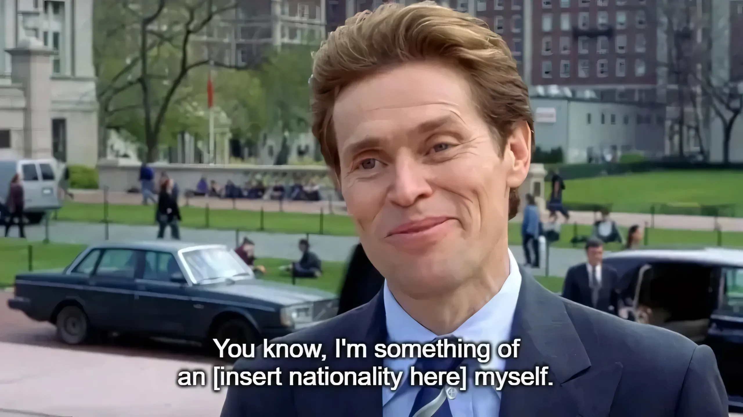 Willem Dafoe as Norman Osborn with subtitle: 'You know, I'm something of an [insert nationality here] myself.'