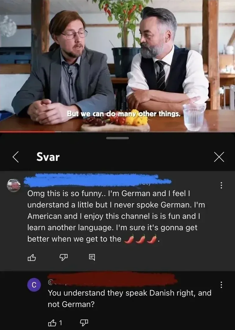 YouTube comment thread with video still showing two men at a table, subtitle "But we can do many other things." Interface in Swedish ("Svar"). Comment (US flag avatar): "Omg this is so funny.. I'm German and I feel I understand a little but I never spoke German. I'm American and I enjoy this channel is is fun and I learn another language. I'm sure it's gonna get better when we get to the hot peppers." Reply: "You understand they speak Danish right, and not German?"