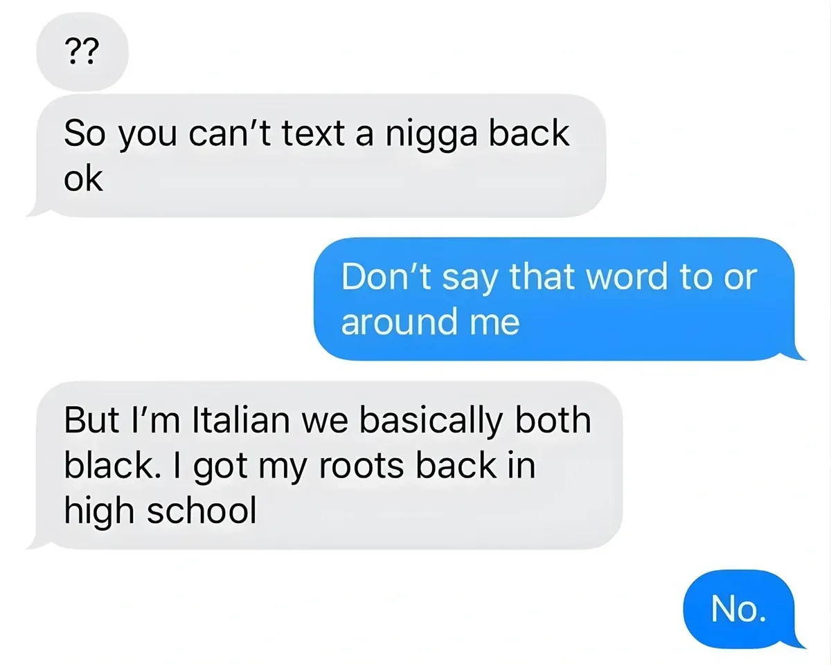 iMessage text conversation. Grey bubble: "So you can't text a nigga back ok". Blue bubble: "Don't say that word to or around me". Grey bubble: "But I'm Italian we basically both black. I got my roots back in high school". Blue bubble: "No."