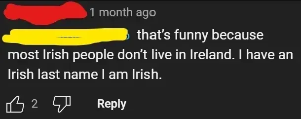 YouTube comment (username redacted, 1 month ago): "that's funny because most Irish people don't live in Ireland. I have an Irish last name I am Irish."
