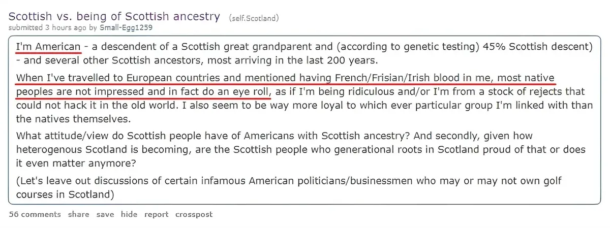 Reddit post from r/ShitAmericansSay by u/Fenragus. Title: "I can tell you have zero clue what it's like to be an American. Our identity comes from our ancestry. End of discussion." Screenshot shows highlighted Reddit comment: "So what makes me, and millions of others who feel closely tied to our ancestral homelands, wrong? I can tell you have zero clue what it's like to be an American. Our identity comes from our ancestry. End of discussion." with -16 votes