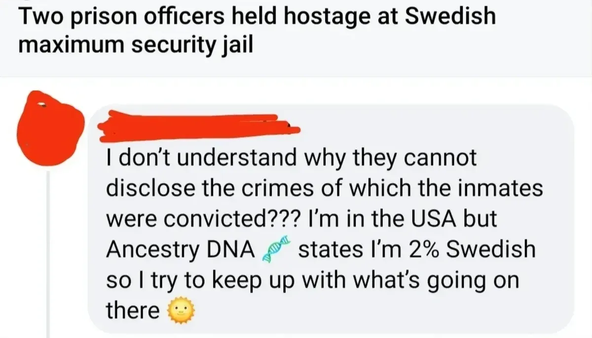 Screenshot of news headline "Two prison officers held hostage at Swedish maximum security jail" with a reply comment (username redacted): "I don't understand why they cannot disclose the crimes of which the inmates were convicted??? I'm in the USA but Ancestry DNA states I'm 2% Swedish so I try to keep up with what's going on there" with DNA and sun emojis