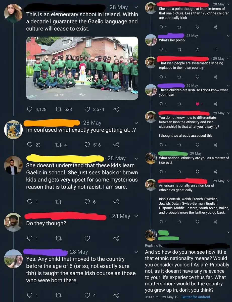 X/Twitter thread screenshot (small/compressed). Main tweet (28 May) shows photo of schoolchildren in green uniforms at an Irish school: "This is an elementary school in Ireland. Within a decade I guarantee the Gaelic language and culture will cease to exist." Multiple replies including "Im confused what exactly youre getting at...?" and "She doesn't understand that these kids learn Gaelic in school. She just sees black or brown kids and gets very upset for some mysterious reason that is totally not racist, I am sure." and discussion about whether immigrant children learn Gaelic in Ireland