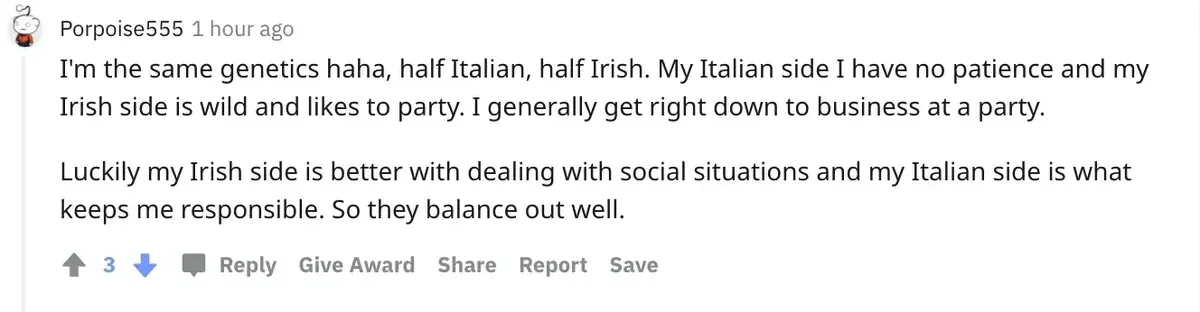 Reddit comment from Porpoise555 (1 hour ago): "I'm the same genetics haha, half Italian, half Irish. My Italian side I have no patience and my Irish side is wild and likes to party. I generally get right down to business at a party. Luckily my Irish side is better with dealing with social situations and my Italian side is what keeps me responsible. So they balance out well."