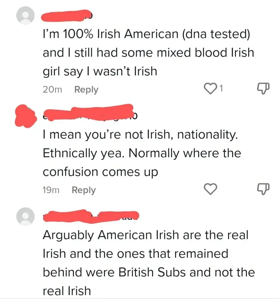 YouTube/TikTok comment thread (username redacted). First comment (20m): "I'm 100% Irish American (dna tested) and I still had some mixed blood Irish girl say I wasn't Irish". Reply (19m): "I mean you're not Irish, nationality. Ethnically yea. Normally where the confusion comes up". Third comment: "Arguably American Irish are the real Irish and the ones that remained behind were British Subs and not the real Irish"
