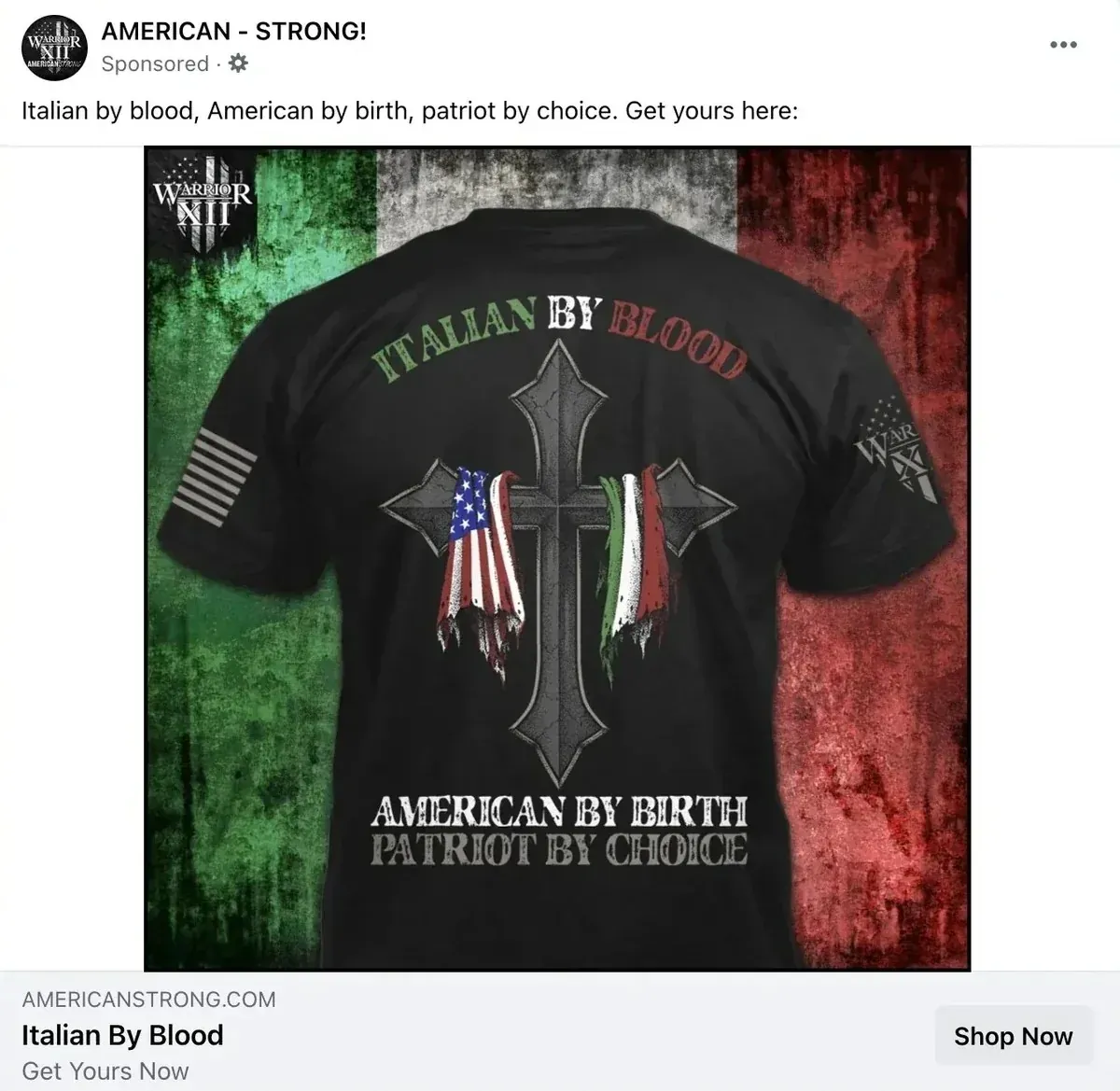 Facebook sponsored ad from "AMERICAN - STRONG!" (Warrior XII brand). Ad text: "Italian by blood, American by birth, patriot by choice. Get yours here:" Image shows back of a black t-shirt with a large ornate cross, American flag draped on left and Italian flag on right. Text on shirt: "ITALIAN BY BLOOD" at top, "AMERICAN BY BIRTH / PATRIOT BY CHOICE" at bottom. Background is Italian tricolour with grunge texture. Warrior XII logos on sleeves. Bottom: AMERICANSTRONG.COM link preview "Italian By Blood - Get Yours Now - Shop Now"