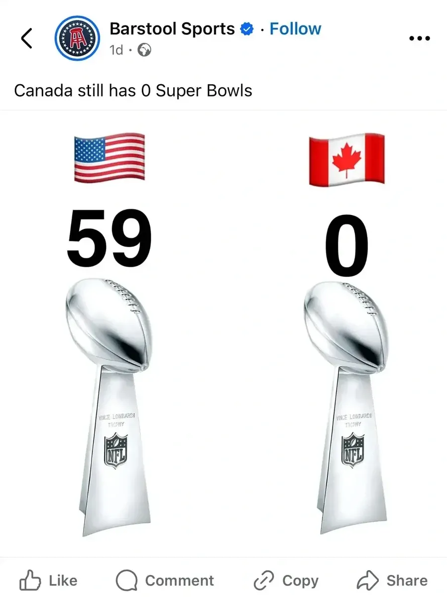 Facebook/Instagram post from Barstool Sports (verified, 1d). Caption: "Canada still has 0 Super Bowls". Image shows US flag emoji with "59" and Vince Lombardi Trophy on left, Canadian flag emoji with "0" and Vince Lombardi Trophy on right