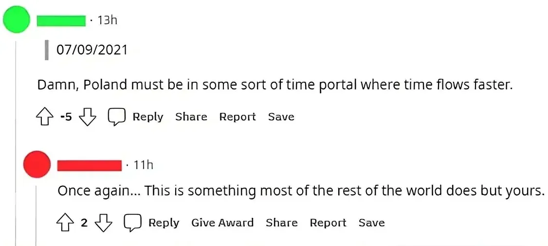 Reddit comment thread. Original post about expiry dates on products. WasabiSteak (4h): "In the Philippines, one can never tell because it could be in either format, even on the same shelf." CanadaJack (3h): "In Canada as well, being influenced by both US and European conventions, we see both. At least when there's only numbers. That's why the best format is 2022 FEB 14 or 14 FEB 2022 - any non-ambiguous order." Irlut (2h): "2022 FEB 14 is the best format because it puts things in order of significance."