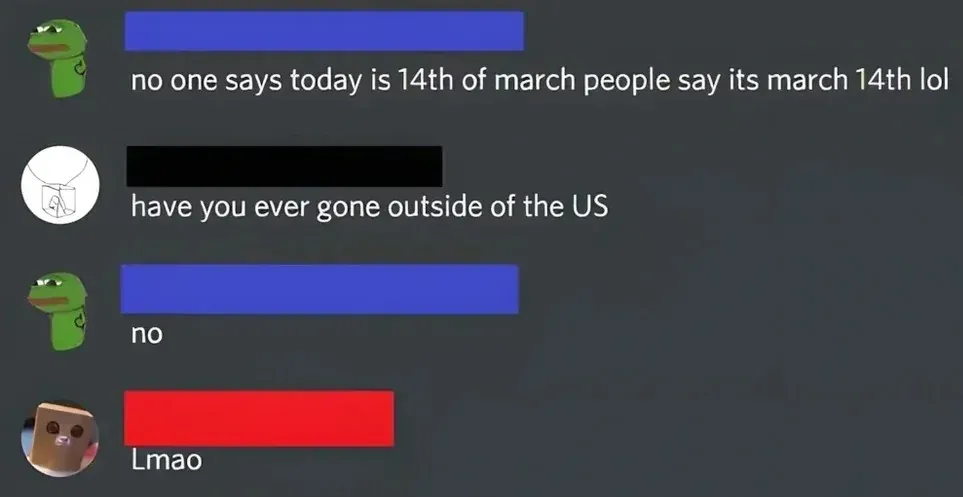 Facebook comment thread. First comment (US flag avatar, 4d - thumbs up, laughing): "Europe uses the 24 hr clock system cuz of the world wars. Their military integrated with our military training. We taught them 24 hr time in ww1." Reply (14h - thumbs up, laughing): "Brits been using 24hr clock since 1900s, before the US entered WW1"