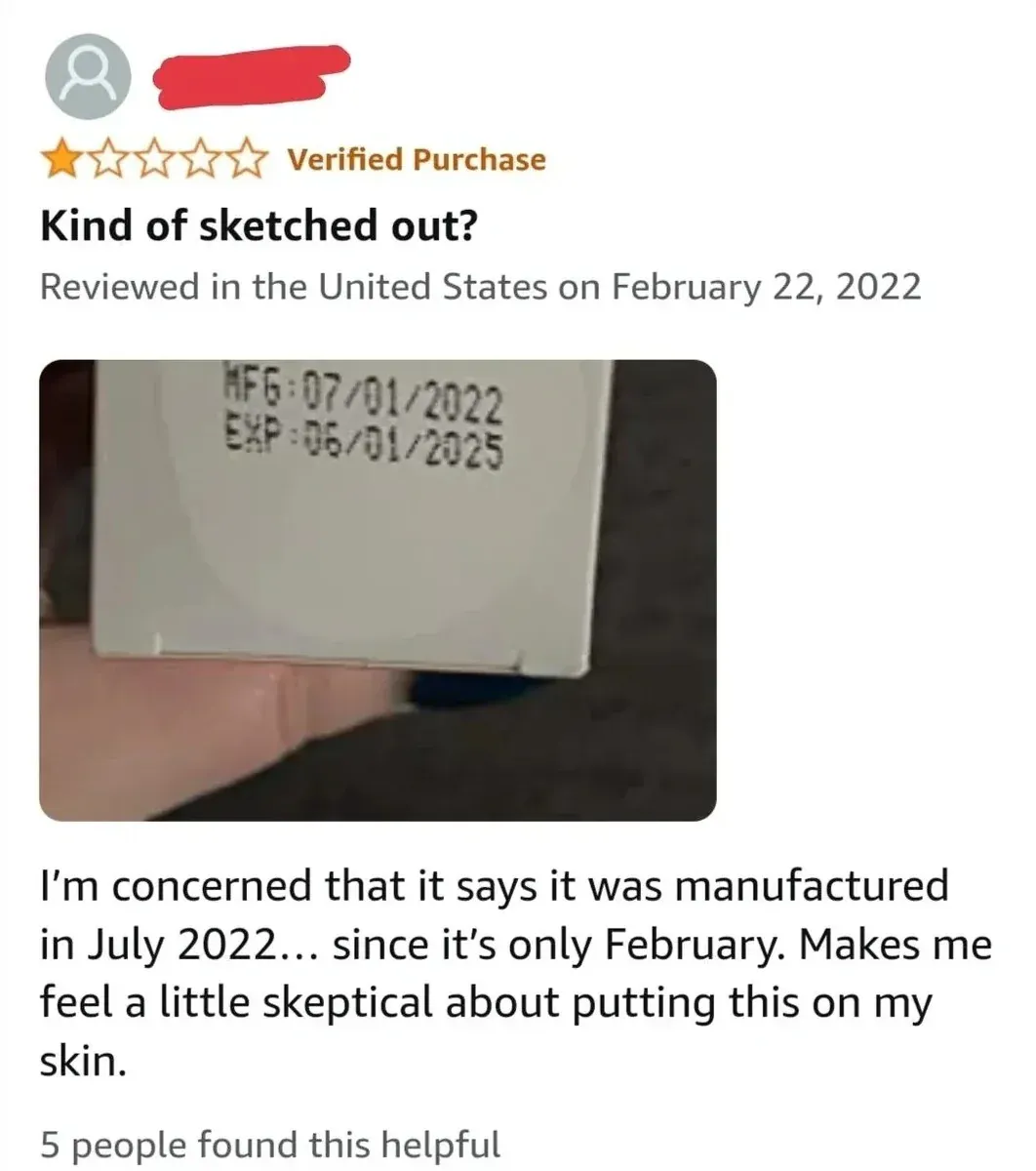 Amazon product review screenshot (1 star, Verified Purchase, username redacted). Title: "Kind of sketched out?" Reviewed in the United States on February 22, 2022. Photo of product label showing "MFG:07/01/2022 EXP:06/01/2025". Text: "I'm concerned that it says it was manufactured in July 2022... since it's only February. Makes me feel a little skeptical about putting this on my skin." 5 people found this helpful