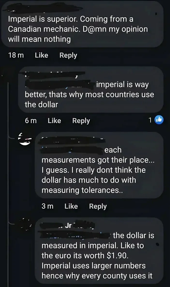 Facebook comment thread. Four comments, all username redacted. First (18m): "Imperial is superior. Coming from a Canadian mechanic. D@mn my opinion will mean nothing" Reply (6m): "imperial is way better, thats why most countries use the dollar" Reply (3m): "each measurements got their place... I guess. I really dont think the dollar has much to do with measuring tolerances.." Reply (Jr suffix visible): "the dollar is measured in imperial. Like to the euro its worth $1.90. Imperial uses larger numbers hence why every county uses it"