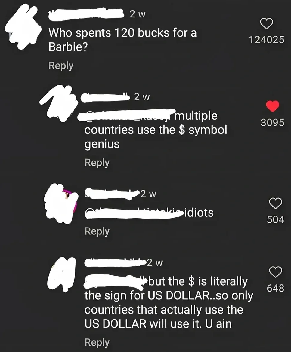TikTok/Instagram comment thread. Four comments, all username redacted, all 2w. First: "Who spents 120 bucks for a Barbie?" Reply: "multiple countries use the $ symbol genius" Reply: partially visible text ending in "idiots" Reply: "but the $ is literally the sign for US DOLLAR..so only countries that actually use the US DOLLAR will use it. U ain" (truncated)
