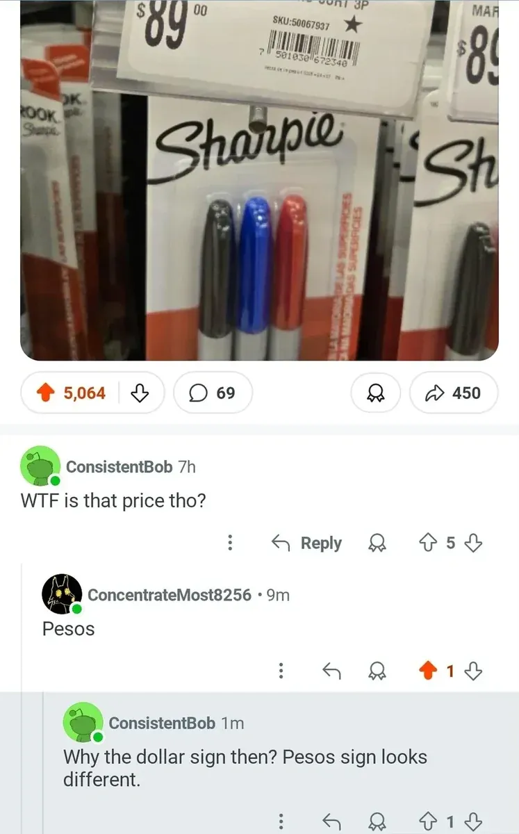 Reddit post with photo of Sharpie markers on store shelf with price tag showing "$89 00" (SKU:50067937). Comment from ConsistentBob (7h): "WTF is that price tho?" Reply from ConcentrateMost8256 (9m): "Pesos" Reply from ConsistentBob (1m): "Why the dollar sign then? Pesos sign looks different."