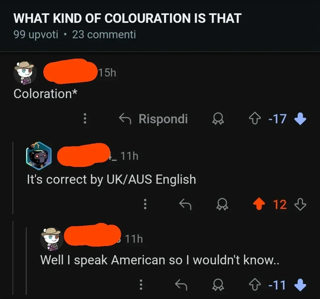 Reddit comment thread with Italian-language interface ("Rispondi", "upvoti", "commenti"). Post title: "WHAT KIND OF COLOURATION IS THAT" (99 upvoti, 23 commenti). First comment (cowboy hat avatar, username redacted, 15h, -17 votes): "Coloration*" Reply (username redacted, 11h): "It's correct by UK/AUS English" Reply (same cowboy hat avatar, username redacted, 11h, -11 votes): "Well I speak American so I wouldn't know.."