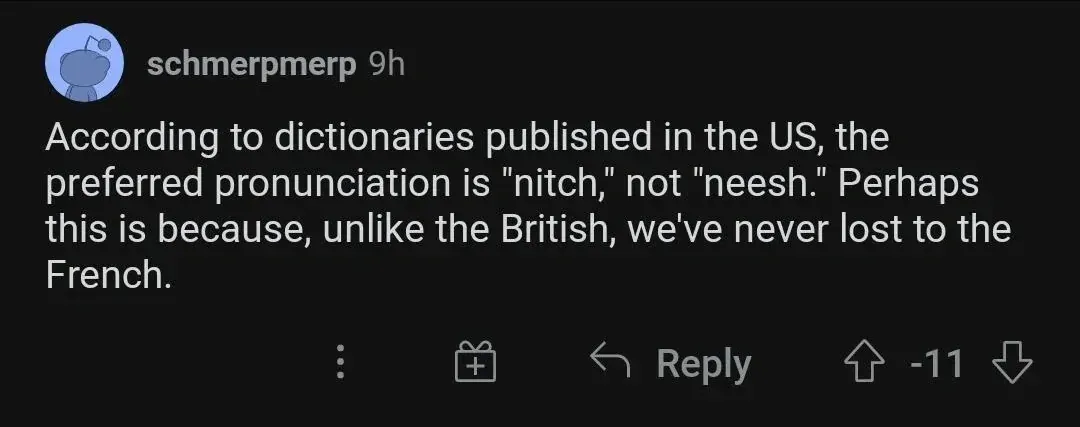 Reddit comment. schmerpmerp (blue alien avatar, 9h, -11 votes): "According to dictionaries published in the US, the preferred pronunciation is \"nitch,\" not \"neesh.\" Perhaps this is because, unlike the British, we've never lost to the French."