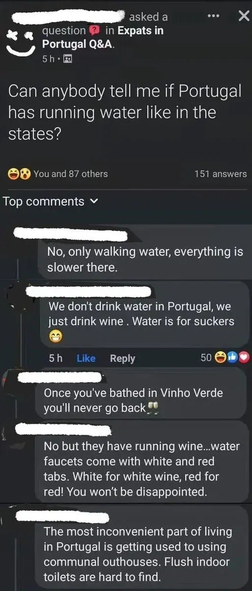Facebook post in "Expats in Portugal Q&A" group (username redacted, 5h). Question: "Can anybody tell me if Portugal has running water like in the states?", 151 answers. Top comments: "No, only walking water, everything is slower there." "We don't drink water in Portugal, we just drink wine. Water is for suckers" (5h). "Once you've bathed in Vinho Verde you'll never go back". "No but they have running wine...water faucets come with white and red tabs. White for white wine, red for red! You won't be disappointed." "The most inconvenient part of living in Portugal is getting used to using communal outhouses. Flush indoor toilets are hard to find."