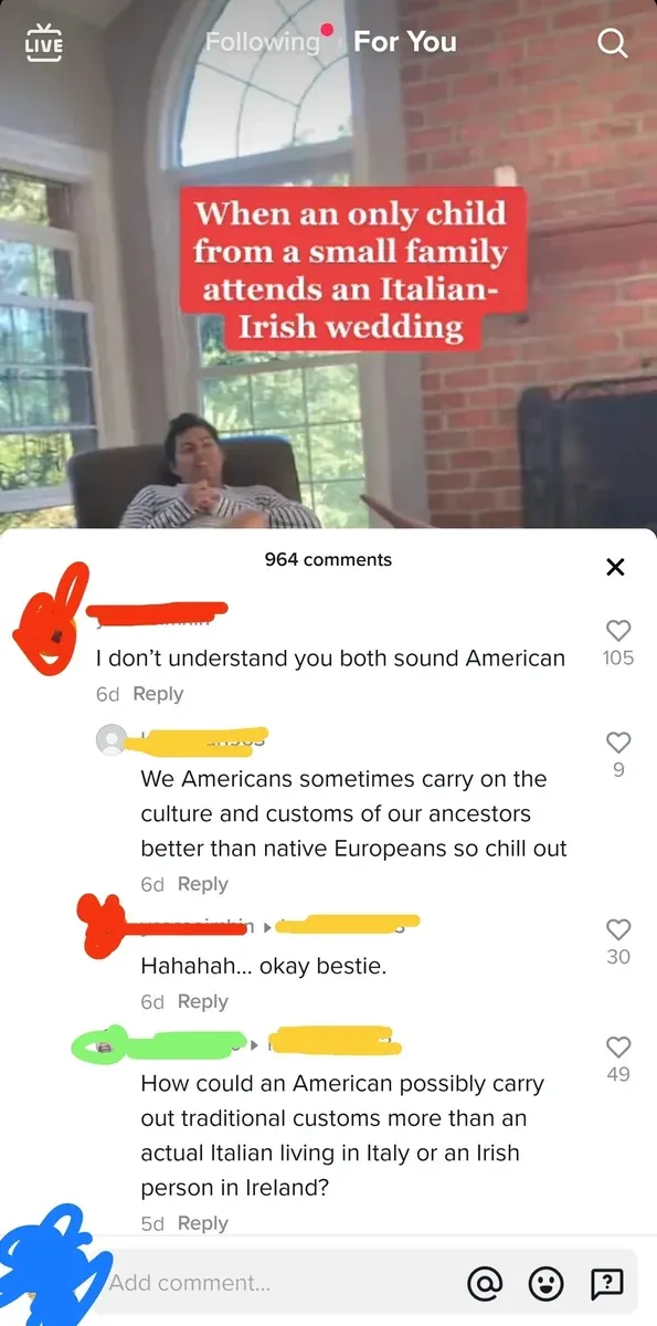 TikTok screenshot (LIVE, Following, For You tab). Video showing person in striped shirt in living room with red caption: "When an only child from a small family attends an Italian-Irish wedding". First (username redacted, 6d): "I don't understand you both sound American" Reply (username redacted, 6d): "We Americans sometimes carry on the culture and customs of our ancestors better than native Europeans so chill out" Reply (username redacted, 6d): "Hahahah... okay bestie." Reply (username redacted, 5d): "How could an American possibly carry out traditional customs more than an actual Italian living in Italy or an Irish person in Ireland?"