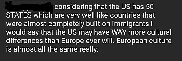 Social media comment (username redacted). Text: "considering that the US has 50 STATES which are very well like countries that were almost completely built on immigrants I would say that the US may have WAY more cultural differences than Europe ever will. European culture is almost all the same really."