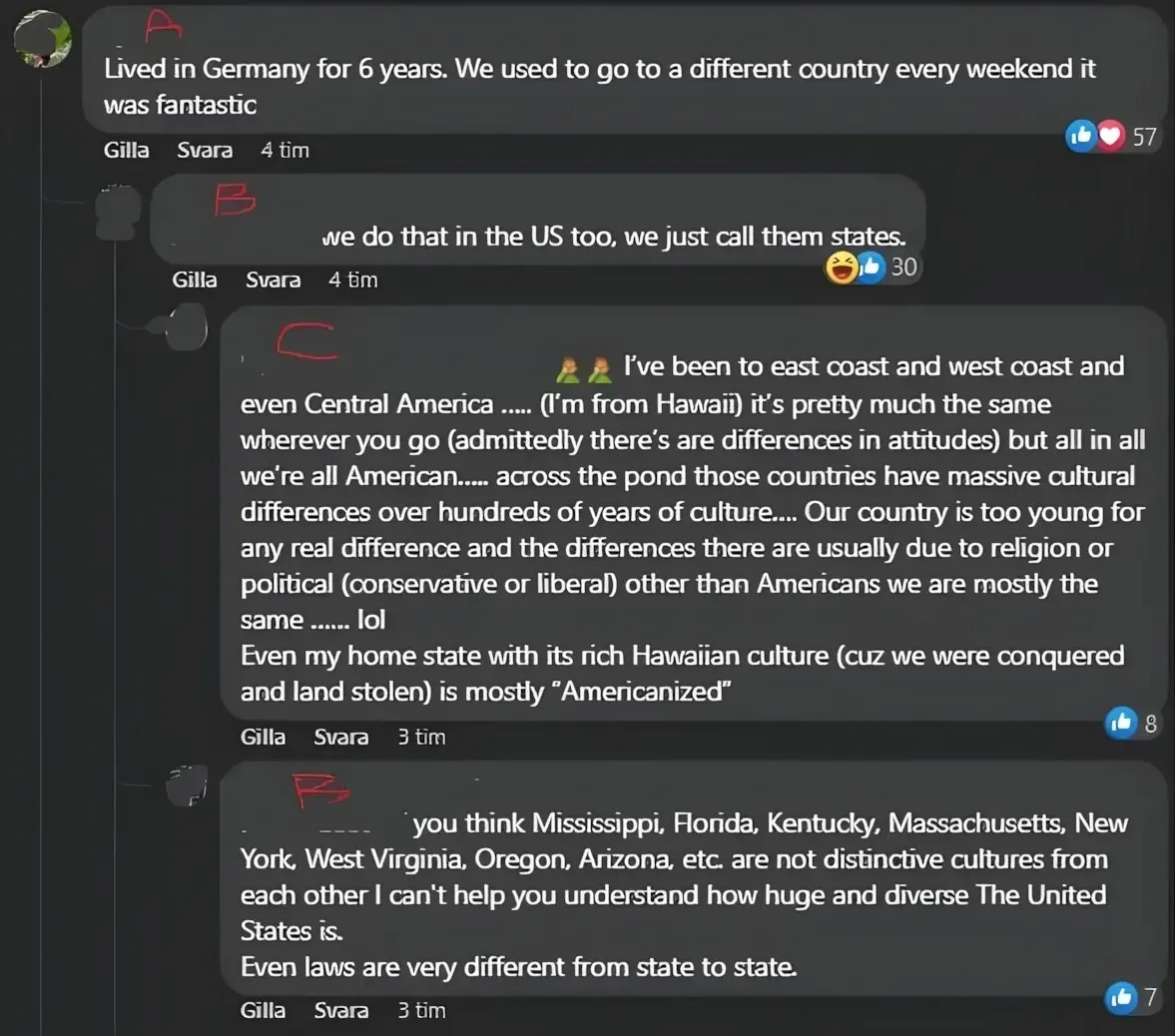 Facebook comment thread (Swedish-language interface - "Gilla", "Svara"). First: "Lived in Germany for 6 years. We used to go to a different country every weekend and it was fantastic" Reply: "we do that in the US too, we just call them states." Long reply: "even I've been to east coast and west coast and even Central America... (I'm from Hawaii) it's pretty much the same wherever you go (admittedly there's are differences in attitudes) but all in all we're all American..." Also: "Even my home state with its rich Hawaiian culture (cuz we were conquered and land stolen) is mostly 'Americanized'" Third: "...you think Mississippi, Florida, Kentucky, Massachusetts, New York, West Virginia, Oregon, Arizona, etc. are not distinctive cultures from each other I can't help you understand how huge and diverse The United States is. Even laws are very different from state to state."