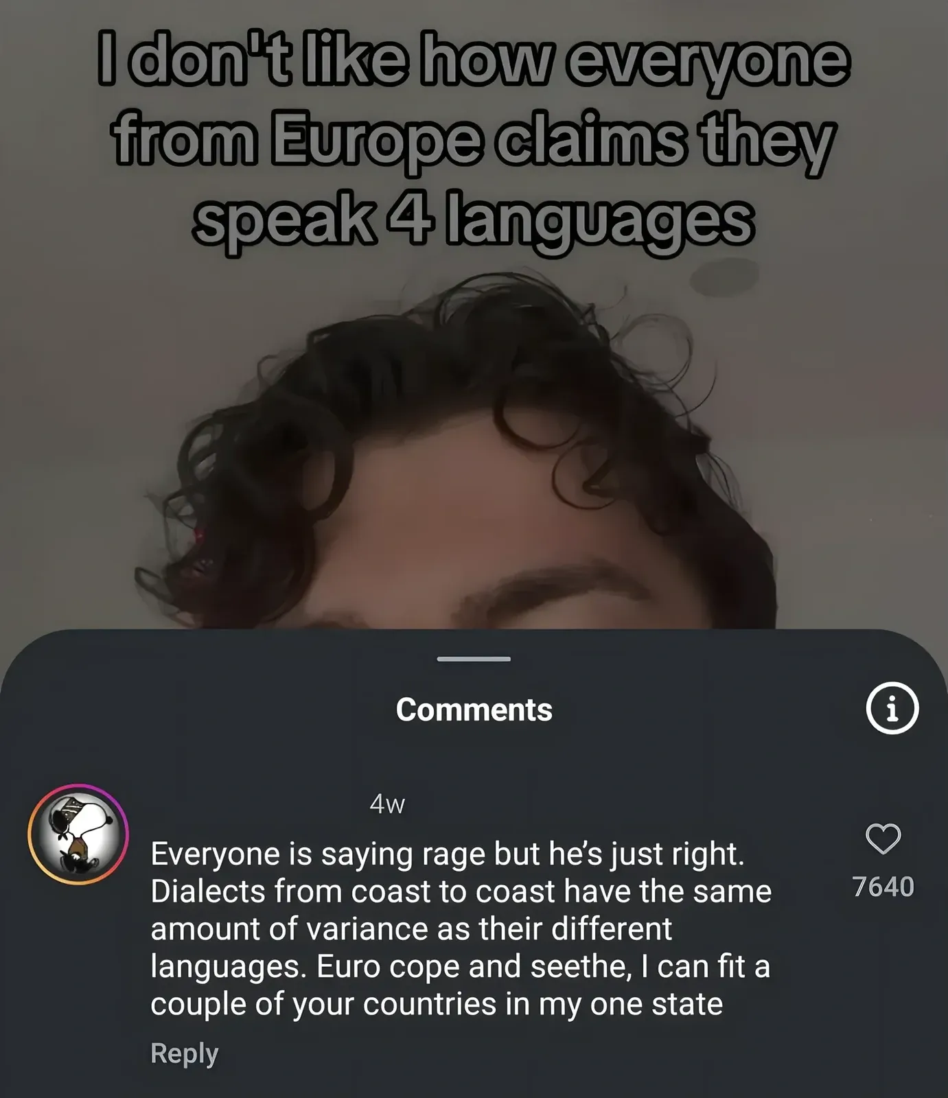 TikTok screenshot. Video showing young man with curly hair. Caption: "I don't like how everyone from Europe claims they speak 4 languages". Comments section. Comment (4w): "Everyone is saying rage but he's just right. Dialects from coast to coast have the same amount of variance as their different languages. Euro cope and seethe, I can fit a couple of your countries in my one state"