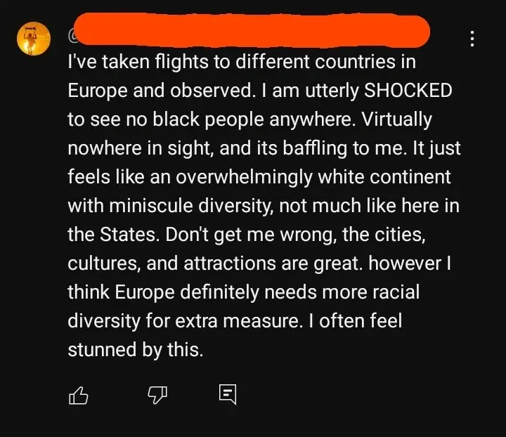 YouTube comment (username redacted, animated avatar). Text: "I've taken flights to different countries in Europe and observed. I am utterly SHOCKED to see no black people anywhere. Virtually nowhere in sight, and its baffling to me. It just feels like an overwhelmingly white continent with miniscule diversity, not much like here in the States. Don't get me wrong, the cities, cultures, and attractions are great. however I think Europe definitely needs more racial diversity for extra measure. I often feel stunned by this." Thumbs up, thumbs down, comment
