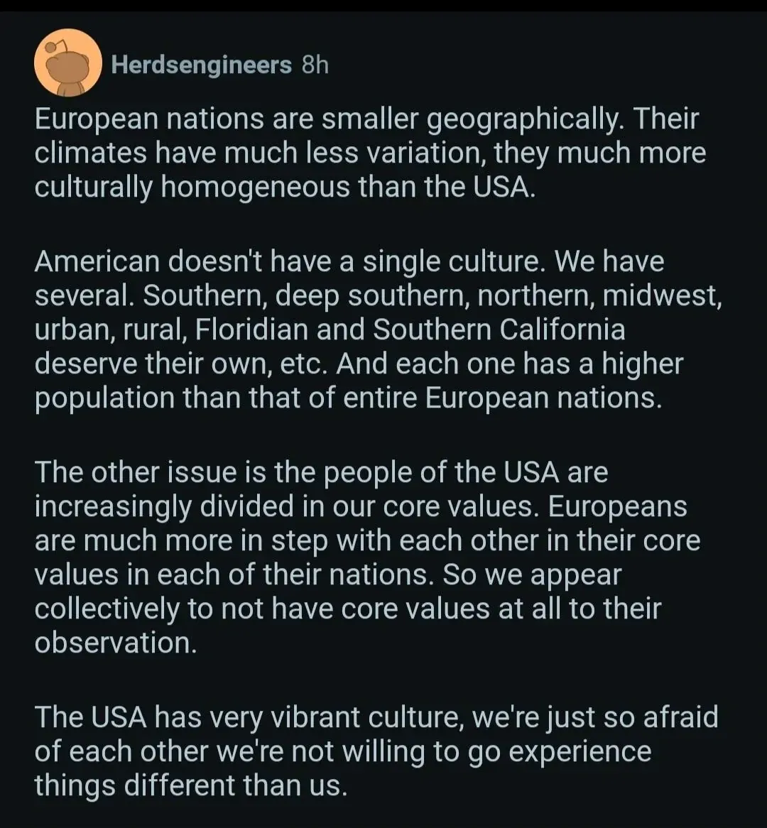 Reddit comment (small text). Herdsengineers (8h): "European nations are smaller geographically. Their climates have much less variation, they much more culturally homogeneous than the USA. American doesn't have a single culture. We have several. Southern, deep southern, northern, midwest, urban, rural, Floridian and Southern California deserve their own, etc. And each one has a higher population than that of entire European nations. The other issue is the people of the USA are increasingly divided in our core values. Europeans are much more in step with each other in their core values in each of their nations. So we appear collectively to not have core values at all to their observation. The USA has very vibrant culture, we're just so afraid of each other we're not willing to go experience things different than us."