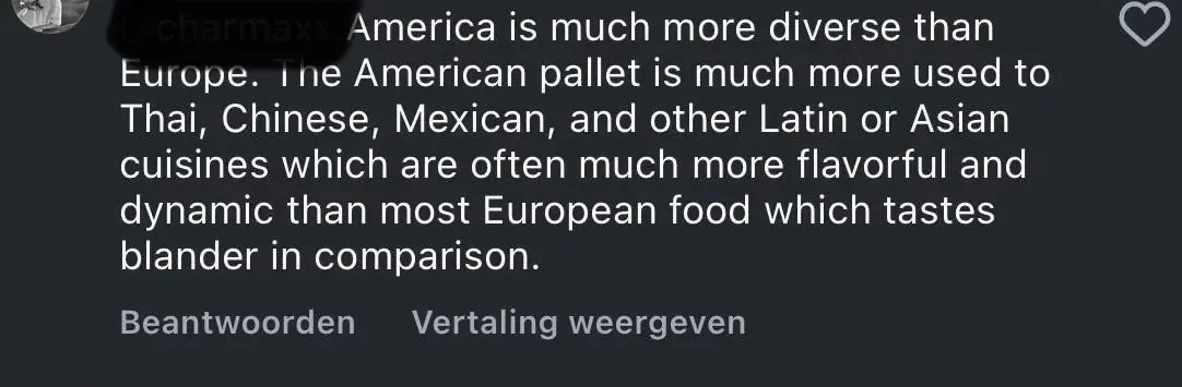 TikTok/Instagram comment with Dutch-language interface ("Beantwoorden", "Vertaling weergeven"). @charmaxx (username partially visible): "America is much more diverse than Europe. The American pallet is much more used to Thai, Chinese, Mexican, and other Latin or Asian cuisines which are often much more flavorful and dynamic than most European food which tastes blander in comparison."