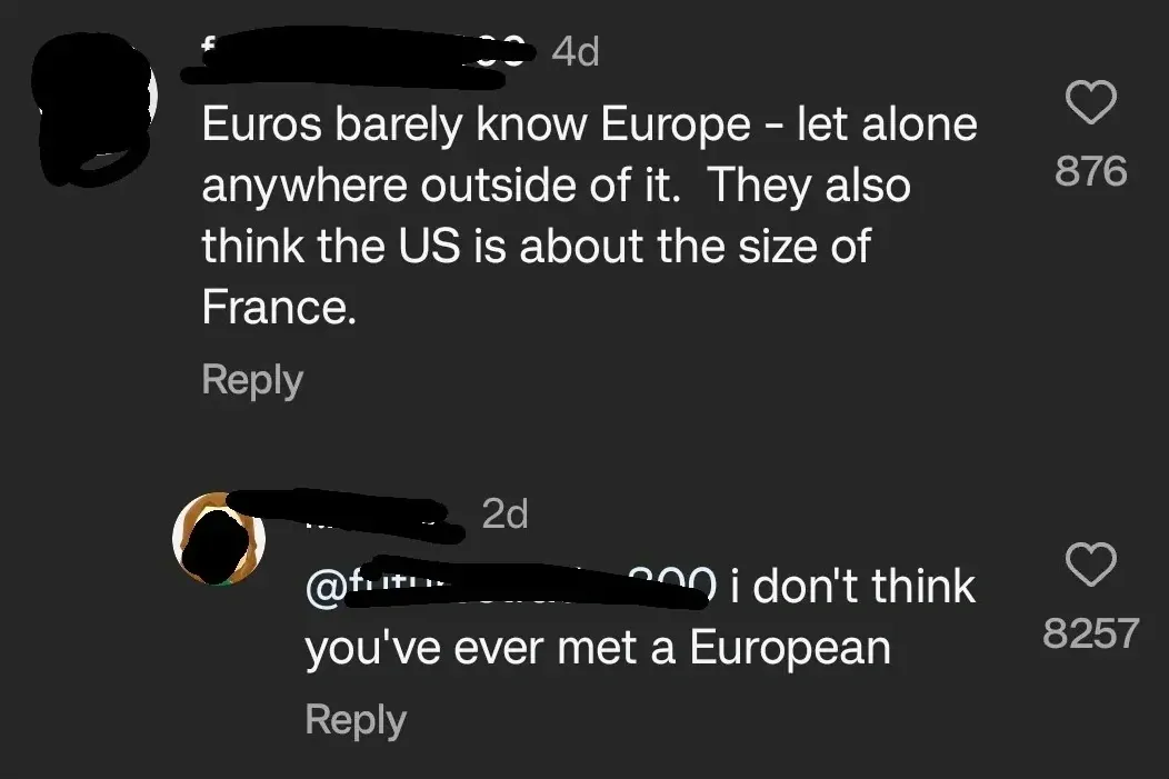 TikTok/Instagram comment thread. First comment (username redacted, 4d): "Euros barely know Europe - let alone anywhere outside of it. They also think the US is about the size of France." Reply button. Second comment (username redacted, 2d): "i don't think you've ever met a European"
