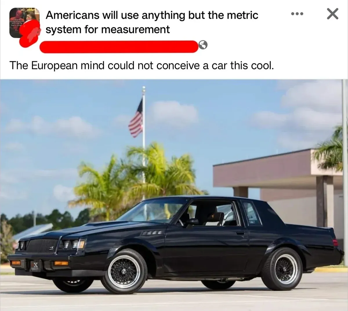 Facebook/X post. Profile text reads "Americans will use anything but the metric system for measurement" (username redacted). Comment: "The European mind could not conceive a car this cool." Photo of a black 1987 Buick Grand National parked in front of a building with American flag and palm trees