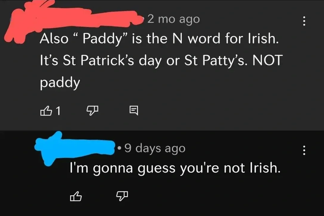 YouTube comment thread. First comment (username redacted, 2 mo ago): "Also "Paddy" is the N word for Irish. It's St Patrick's day or St Patty's. NOT paddy" Reply (username redacted, 9 days ago): "I'm gonna guess you're not Irish."