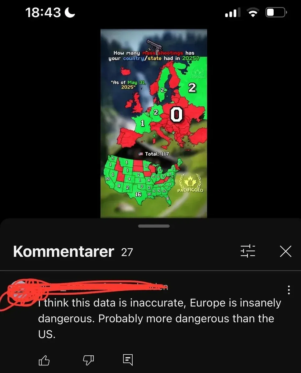 TikTok/YouTube shorts screenshot with Norwegian-language interface ("Kommentarer"). Infographic map titled "How many mass shootings has your country/state had in 2025?" (*As of May 31, 2025*). Map of Europe mostly in green (0) with some countries showing small numbers (2, 1, 2). Map of USA showing states with numbers totaling 117 (US flag, Total: 117) with mix of green and red states, Texas showing 16. PACIFICGEO watermark. 27 Kommentarer. Comment (username redacted): "I think this data is inaccurate, Europe is insanely dangerous. Probably more dangerous than the US."