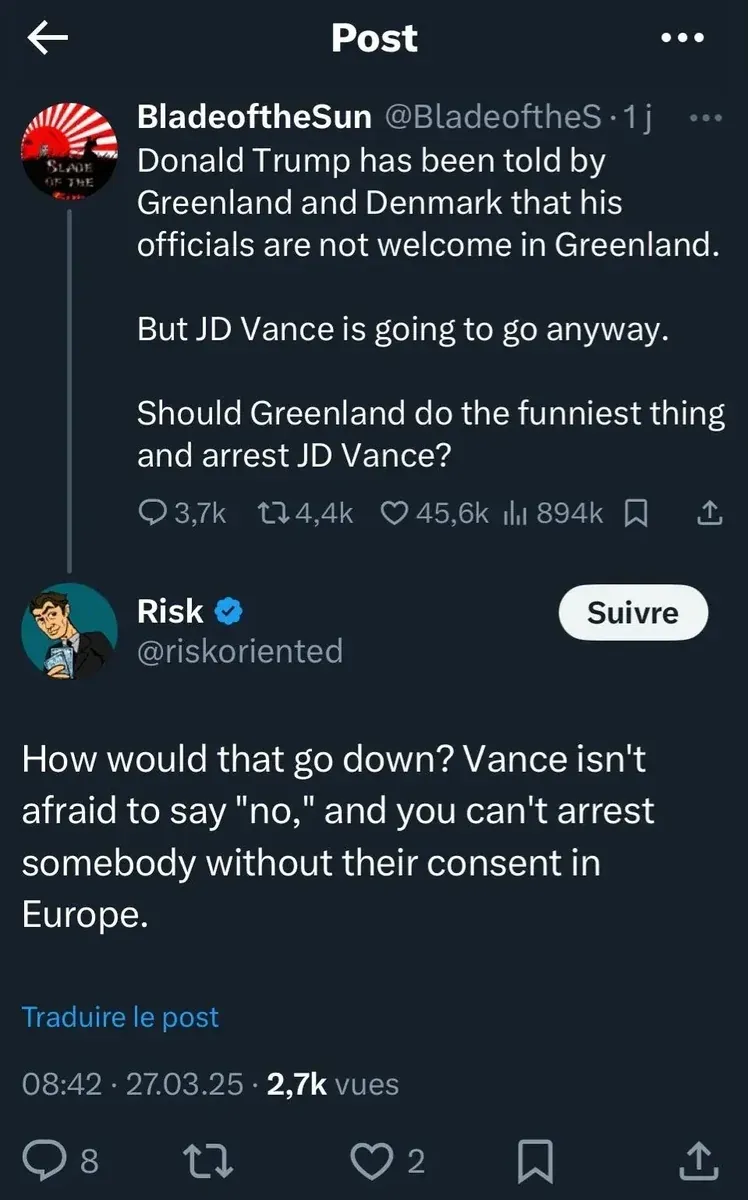 X/Twitter thread with French-language interface ("Suivre", "Traduire le post", "vues"). BladeoftheSun @BladeoftheS (rising sun avatar, 1j): "Donald Trump has been told by Greenland and Denmark that his officials are not welcome in Greenland. But JD Vance is going to go anyway. Should Greenland do the funniest thing and arrest JD Vance?" Reply from Risk (verified) @riskoriented (Suivre button): "How would that go down? Vance isn't afraid to say "no," and you can't arrest somebody without their consent in Europe." 08:42, 27.03.25, 2.7k vues