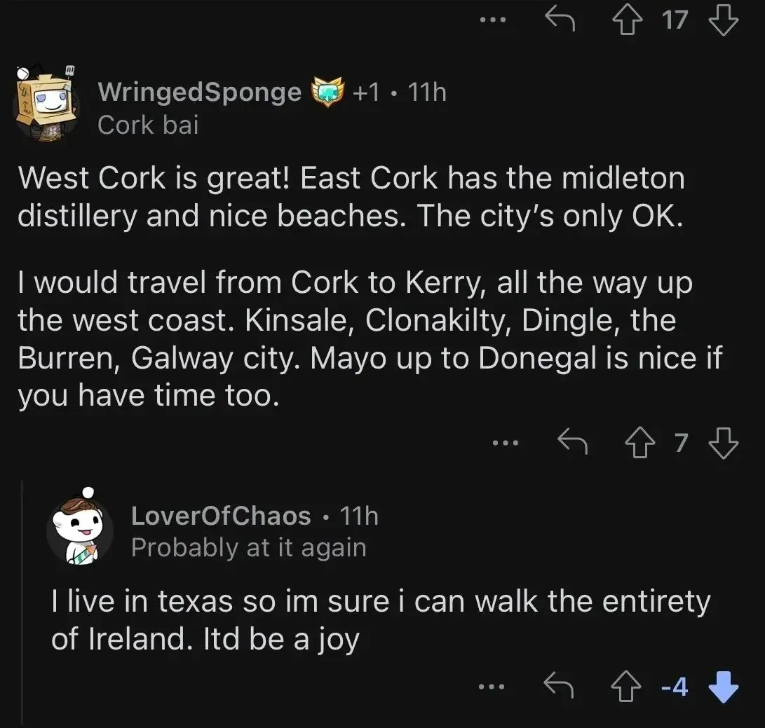 Reddit comment thread. WringedSponge (+1, "Cork bai" flair, 11h): "West Cork is great! East Cork has the midleton distillery and nice beaches. The city's only OK. I would travel from Cork to Kerry, all the way up the west coast. Kinsale, Clonakilty, Dingle, the Burren, Galway city. Mayo up to Donegal is nice if you have time too." LoverOfChaos ("Probably at it again" flair, 11h, -4 votes): "I live in texas so im sure i can walk the entirety of Ireland. Itd be a joy"