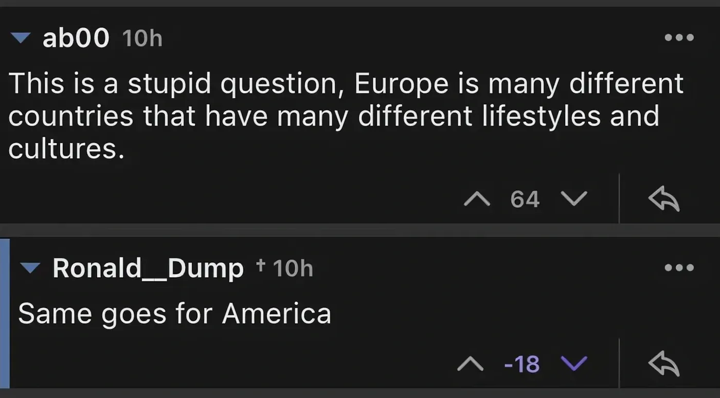 Reddit/Lemmy comment thread. ab00 (10h): "This is a stupid question, Europe is many different countries that have many different lifestyles and cultures." Ronald__Dump (10h, -18 votes): "Same goes for America"
