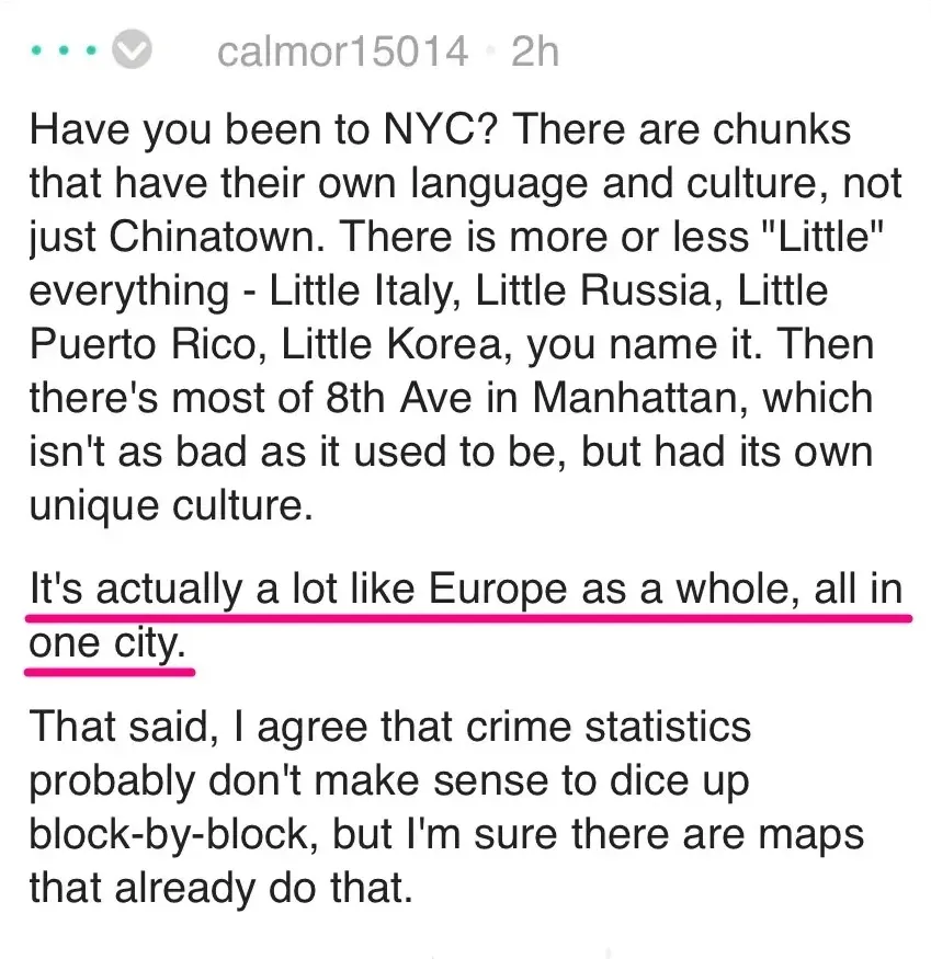 Reddit comment. calmor15014 (verified, 2h). Text: "Have you been to NYC? There are chunks that have their own language and culture, not just Chinatown. There is more or less 'Little' everything - Little Italy, Little Russia, Little Puerto Rico, Little Korea, you name it. Then there's most of 8th Ave in Manhattan, which isn't as bad as it used to be, but had its own unique culture." Key line highlighted in pink: "It's actually a lot like Europe as a whole, all in one city." Then: "That said, I agree that crime statistics probably don't make sense to dice up block-by-block, but I'm sure there are maps that already do that."