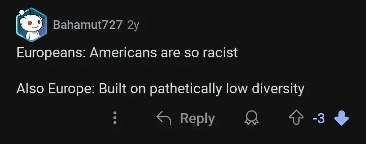 Reddit comment. Bahamut727 (hexagonal avatar, 2y, -3 votes): "Europeans: Americans are so racist. Also Europe: Built on pathetically low diversity." Three-dot menu