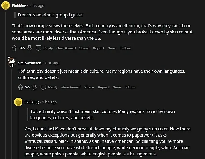 Reddit comment thread. Flobking (2 hr ago, quoting "French is an ethnic group I guess", -46 votes): "That's how europe views themselves. Each country is an ethnicity, that's why they can claim some areas are more diverse than America. Even though if you broke it down by skin color it would be most likely less diverse than the US." Smilwastaken (1 hr ago): "Tbf, ethnicity doesn't just mean skin culture. Many regions have their own languages, cultures, and beliefs." Flobking (1 hr ago): quoting Smilwastaken, then: "Yes, but in the US we don't break it down my ethnicity we go by skin color. Now there are obvious exceptions but generally when it comes to paperwork it asks white/caucasian, black, hispanic, asian, native American. So claiming you're more diverse because you have white french people, white german people, white Austrian people, white polish people, white english people is a bit ingenious."