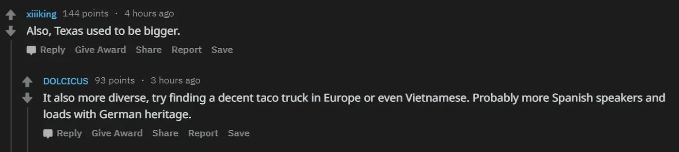Reddit comment thread (old Reddit). xiiiking (4 hours ago): "Also, Texas used to be bigger." Reply, Give Award, Share, Report, Save. DOLCICUS (3 hours ago): "It also more diverse, try finding a decent taco truck in Europe or even Vietnamese. Probably more Spanish speakers and loads with German heritage." Reply, Give Award, Share, Report, Save