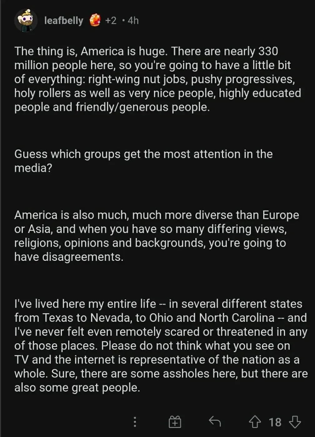 Reddit comment. leafbelly (red heart award, +2, 4h). Text: "The thing is, America is huge. There are nearly 330 million people here, so you're going to have a little bit of everything: right-wing nut jobs, pushy progressives, holy rollers as well as very nice people, highly educated people and friendly/generous people. Guess which groups get the most attention in the media? America is also much, much more diverse than Europe or Asia, and when you have so many differing views, religions, opinions and backgrounds, you're going to have disagreements. I've lived here my entire life - in several different states from Texas to Nevada, to Ohio and North Carolina - and I've never felt even remotely scared or threatened in any of those places. Please do not think what you see on TV and the internet is representative of the nation as a whole. Sure, there are some assholes here, but there are also some great people."