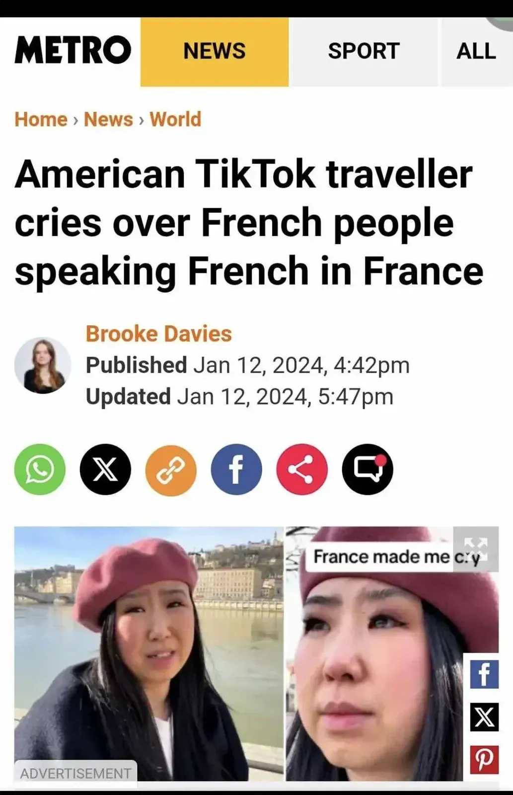 Metro news article screenshot. Header: METRO NEWS SPORT ALL. Headline: "American TikTok traveller cries over French people speaking French in France". By Brooke Davies, Published Jan 12, 2024. Two side-by-side TikTok photos showing a young woman in a pink beret, one selfie and one by a river with a bridge, with text "France made me c..." (crying)