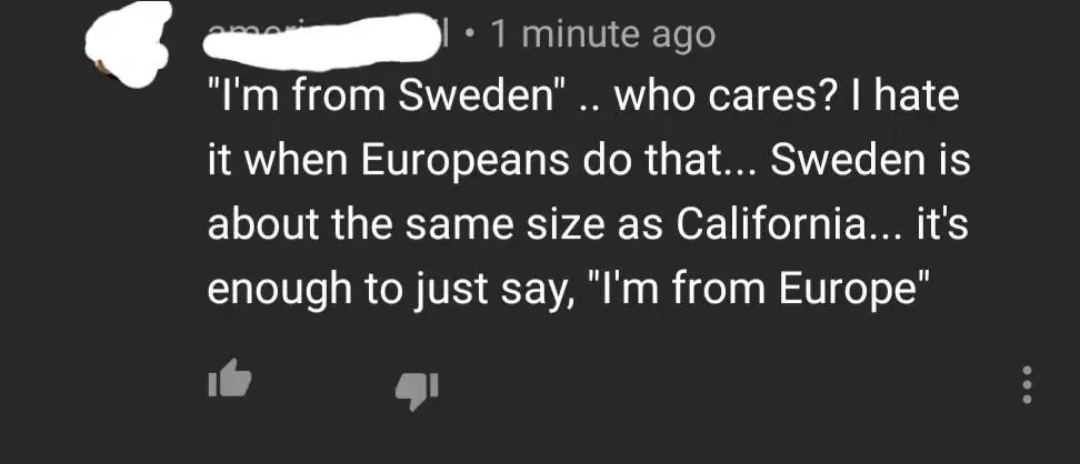 YouTube comment (username redacted, 1 minute ago). Text: ""I'm from Sweden" .. who cares? I hate it when Europeans do that... Sweden is about the same size as California... it's enough to just say, "I'm from Europe"" Thumbs up, thumbs down, three-dot menu
